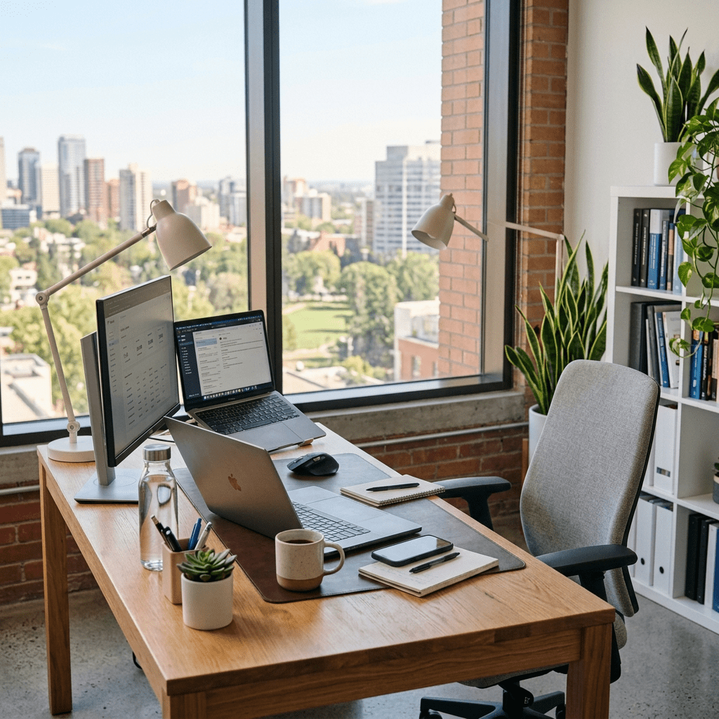 Office desk with two laptops, monitor, coffee mug, notebook, and indoor plants by large windows overlooking city buildings and trees